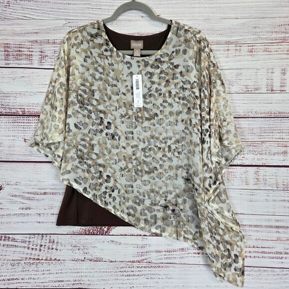 Chicos Asymmetrical Jayma Animal Print Blouse L Desert Beige Sheer Layer Top NWT - Picture 1 of 12